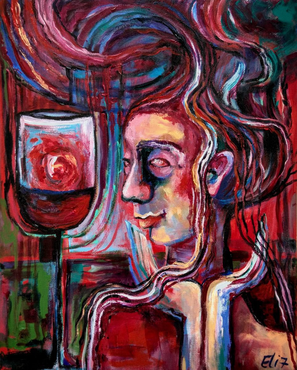 Expressive Portrait Acrylic Painting By Elisheva Nesis, 16 X 20, The Second Bottle, Original Artwork