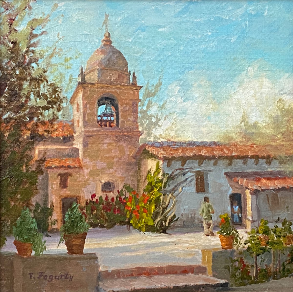 Impressionistic Cityscapes Oil Painting By Tatyana Fogarty, 9 X 9", Carmel Mission Bell Tower And Courtyard, Original Artwork