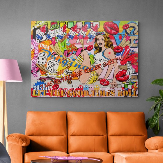 Let The Good Times Roll 140cm x 100cm Roller Skate Girl Textured Urban Pop Art