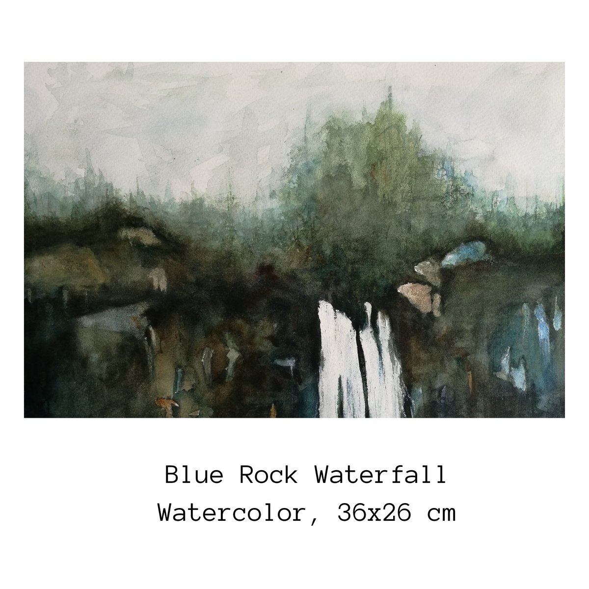 Impressionistic Landscape Watercolour By Daniela Roughsedge, 14 X 10, Blue Rock Waterfall, Original Artwork