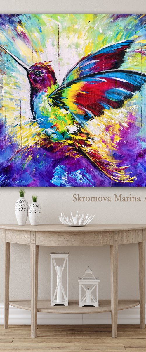 RAINBOW FLIGHT - Fabulous bird. Soaring bird. Fantastic hummingbird. Very Peri. Magic wings. Abstraction. Juicy colors. by Marina Skromova