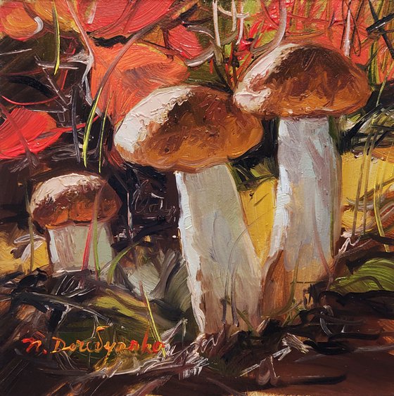 Mushrooms red painting original oil small framed art, artwork Orange-cap boletus Mushroom gift cute little painting