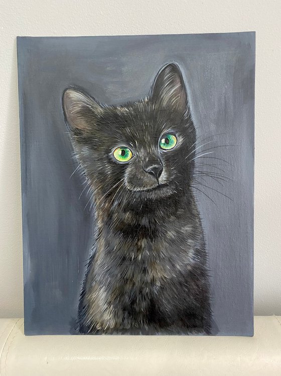 Midnight. Black cat on dark background painting