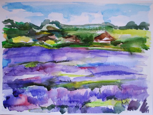 Lavender Fields #1  Plein-air Watercolour Landscape Painting. by Leah Maximova