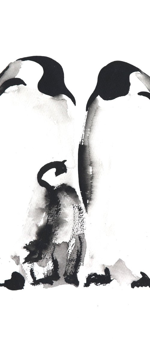 Penguin Ink drawing "Family" by Aimee Del Valle