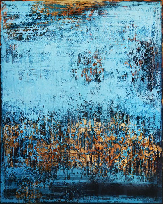 IKARIA - 150 x 120 CM - TEXTURED ACRYLIC PAINTING ON CANVAS * BLUE * GOLD