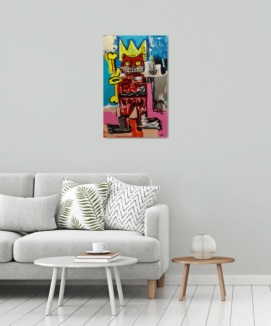 King Cat Troy  in a CROWN ( 81 x 51cm, 32 x 20 inches,) version of famous painting by Jean-Michel Basquiat