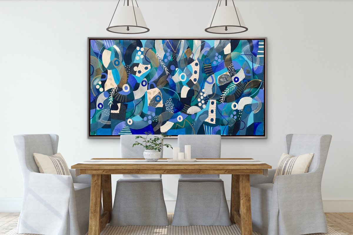Organic Abstract Acrylic Painting By Rashna Hackett, 60 X 35", The Blues, Original Artwork