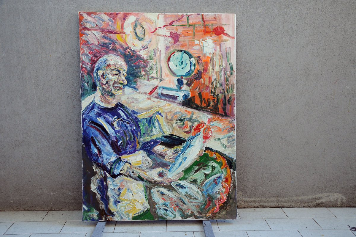 Impressionistic Abstract Oil Painting By Antonino Puliafico, 24 X 31, Pescivendolo, Original Artwork