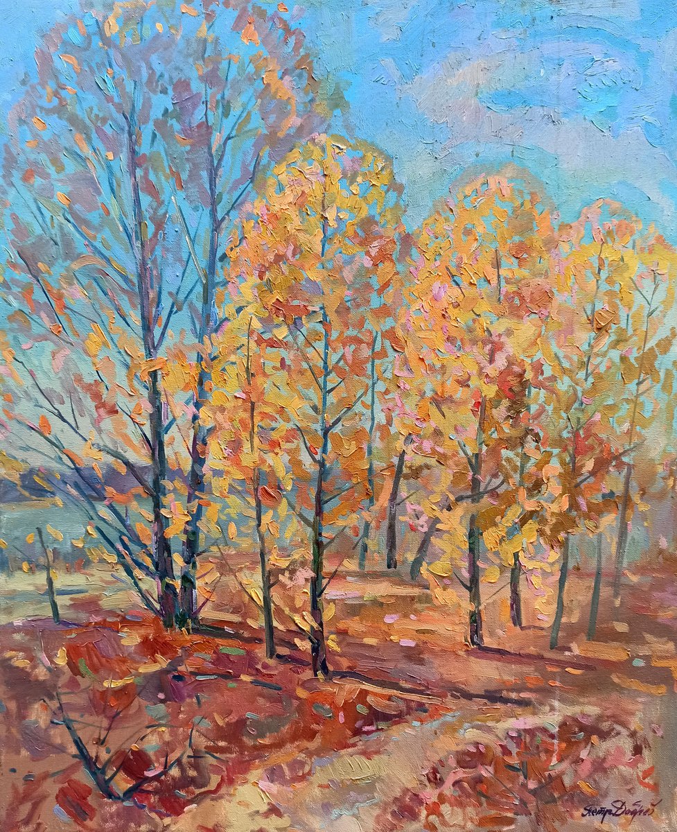 Impressionistic Landscape Oil Painting By Peter Tovpev, 26 X 31", Autumn Sunny Day, Original Artwork