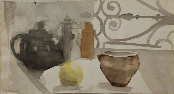 Still Life with Teapot and Apple, 46x25 cm