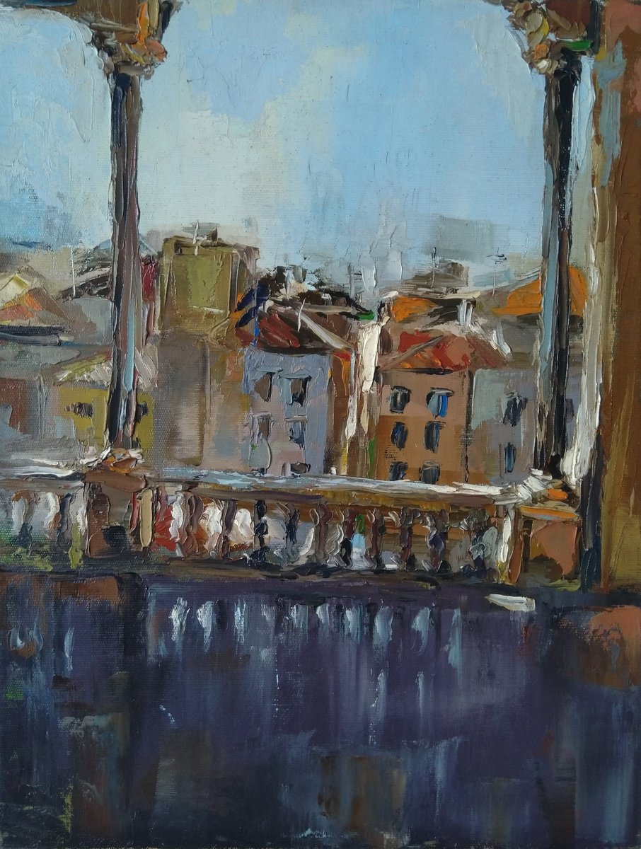 Impressionistic Landscape Oil Painting By Kamsar Ohanyan, 12 X 16", Open Balcony, Original Artwork
