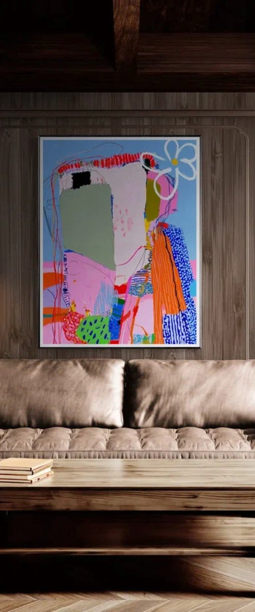 Colorful Geometric Abstract with White Flower by Sasha Robinson