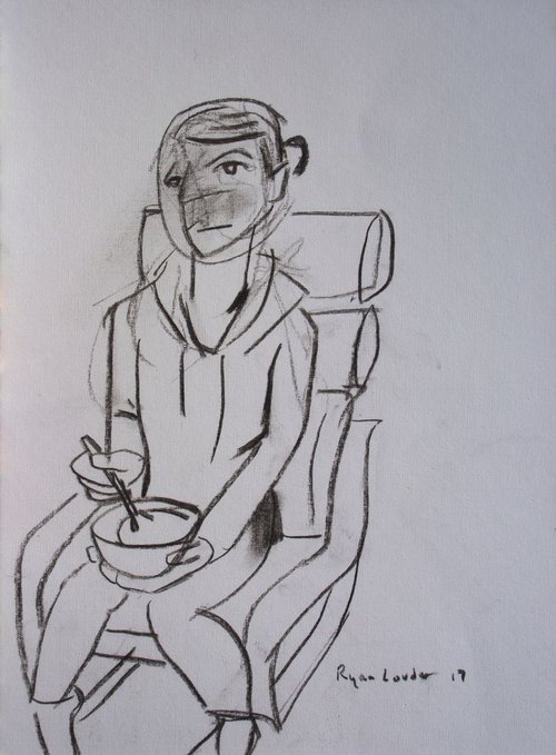 Eating Breakfast Charcoal On Paper A3 16.5 x 11.7 by Ryan  Louder