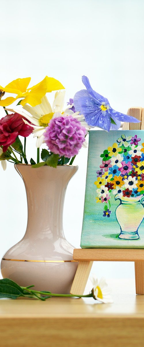 Flowers, Still Life, flowers in white vase original acrylic painting with easel by Diana Aleksanian