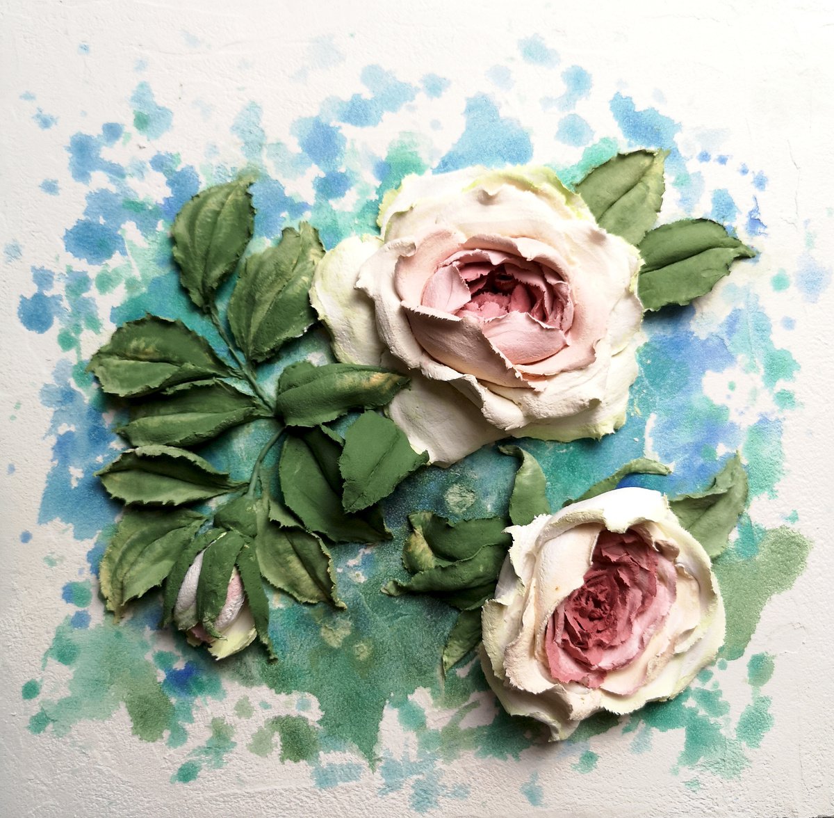 Fresh roses - flower garden painting, Freshness Of The Morning, 30x29x5 cm by Irina Stepanova
