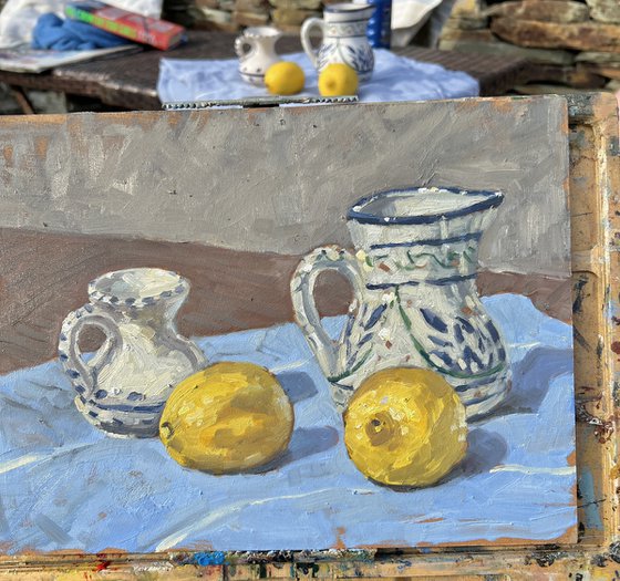 Still life with china and lemons