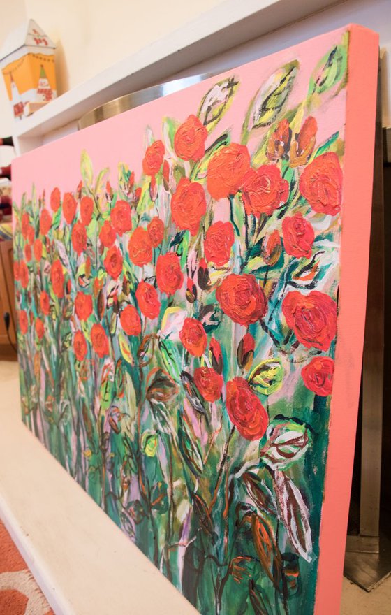 Red Roses Garden , Original abstract painting, Ready to hang by WanidaEm