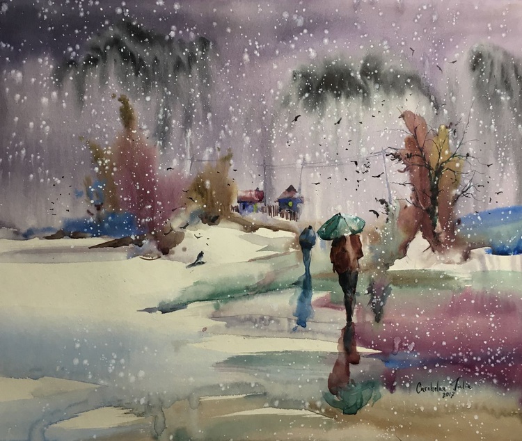 First Snow Watercolour By Iulia Carchelan Artfinder Watercolor artist based in moldova. first snow