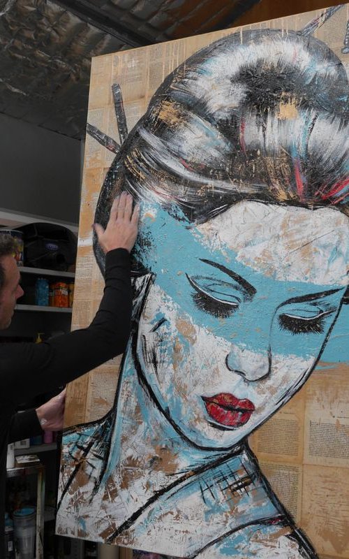 Sakura 140cm x 100cm Geisha Book Page Urban Pop Art by Franko