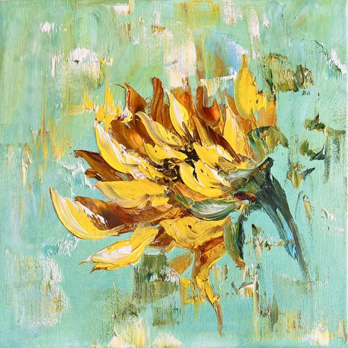 SUNFLOWER FLOWER 4 - Yellow flowers on turquoise. Flower paradise in a square. by Marina Skromova