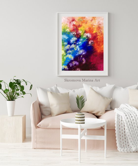 RAINBOW FLOWER SWIRL - Abstract flowers. Rainbow dandelions. Flower field. Red and blue. Pooh. Summer. Emotions.