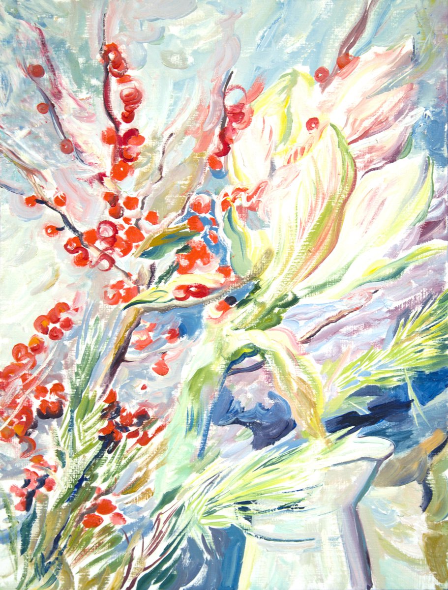 Impressionistic Botanical Oil Painting By Daria Galinski, 12 X 16, Amaryllis Bouquet With Holly Branches, Original Artwork