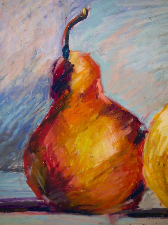 Still life with apple and pear. Home isolation series. Oil pastel painting. Small still life fruits interior decor gift spain shadow original impression