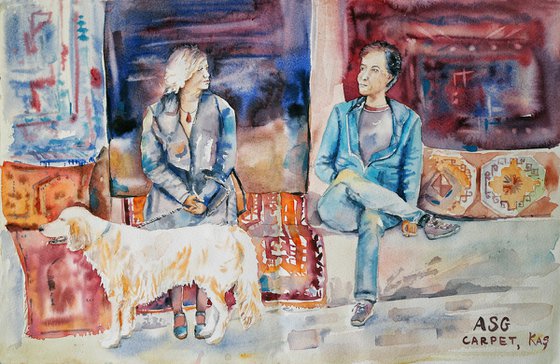 Small talk in a carpet shop in Turkey - original watercolor