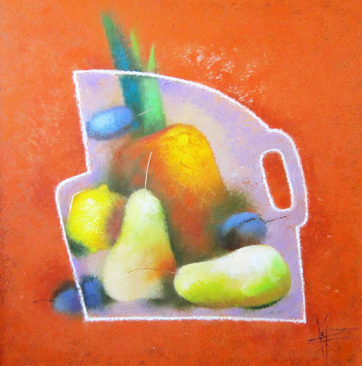 Organic Abstract Oil Painting By Oksana Kornienko, 20 X 20", Fruits Theme, Original Artwork