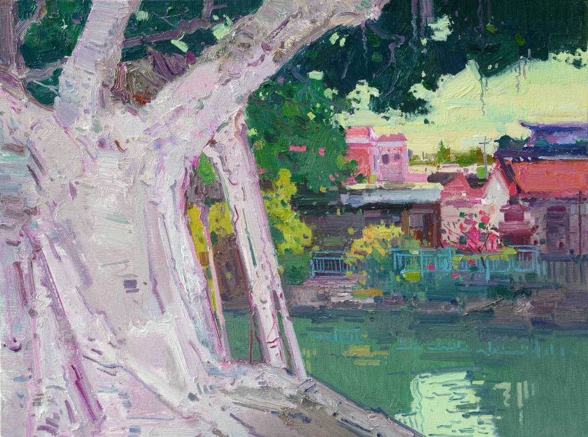 Impressionistic Landscape Oil Painting By Jianzhe Chon, 31 X 24, Big Tree 217, Original Artwork