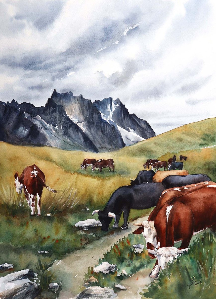 Cows in pasture, Mont Blanc - Original Watercolor Painting by Yana Shvets