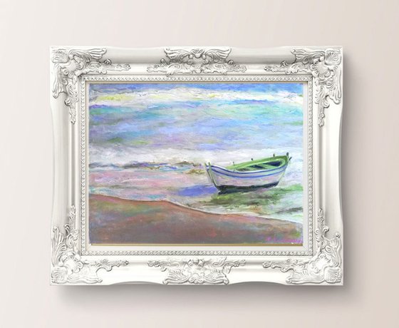 A day on a seacoast Small Marine Seascape Ocean Waterfall Boat Oil Artwork Seapainting Harbour