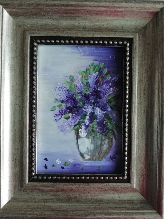 Lilac, small flower framed acrylic painting, original gift idea