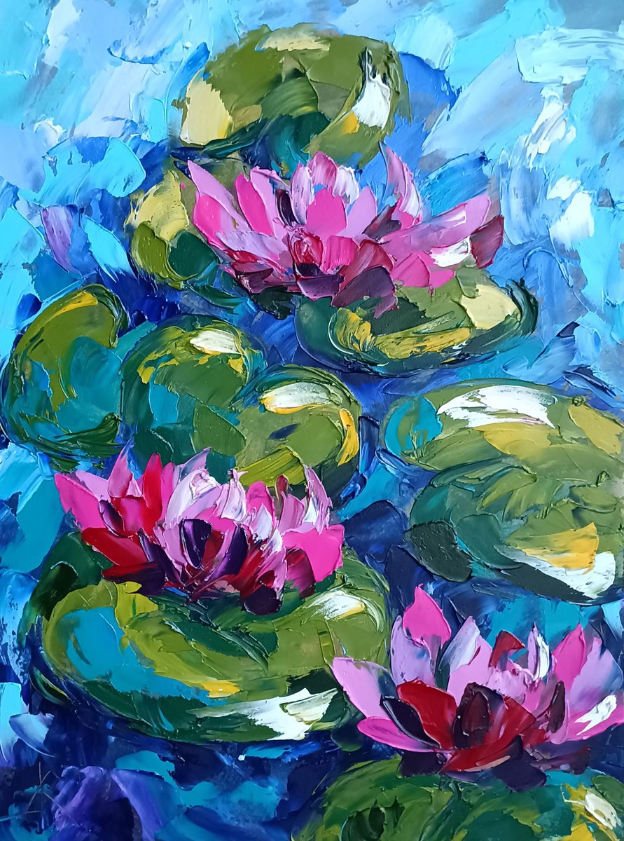 Lilies on the lake - lilies oil painting, lake, river, flowers in water, flowers on the ri... by Anastasia Kozorez