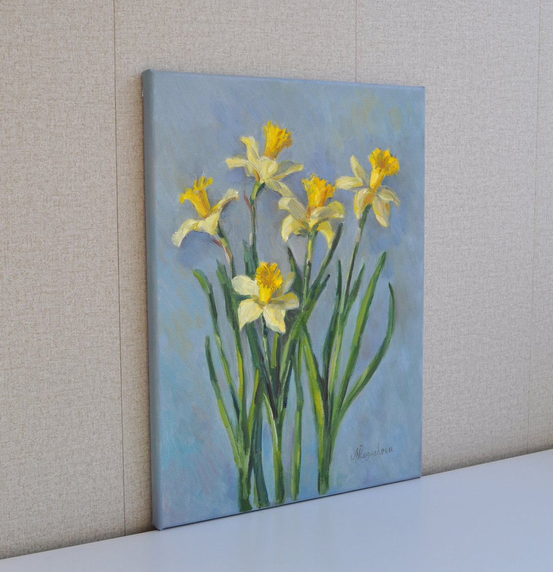 Daffodil Original Oil Painting Round Canvas Ø12 Holland Landscape  Narcissus Art