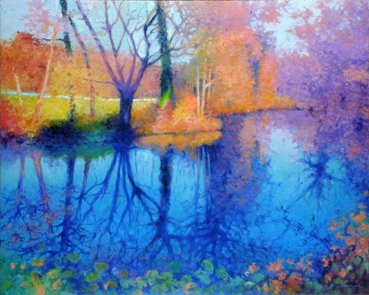 Impressionistic Landscape Oil Painting By Richard Mierniczak, 47 X 39", Tree Reflections 1., Original Artwork