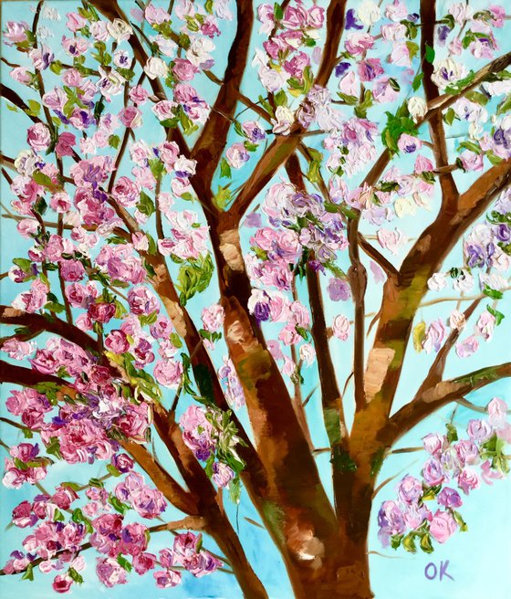 Apple blossom , spring in London pink, white, turquoise 61x71cm ready to hang oil painting