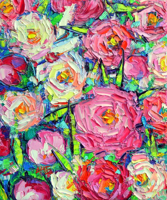 ABSTRACT PINK PEONIES modern textural impasto palette knife oil painting flowers contemporary art