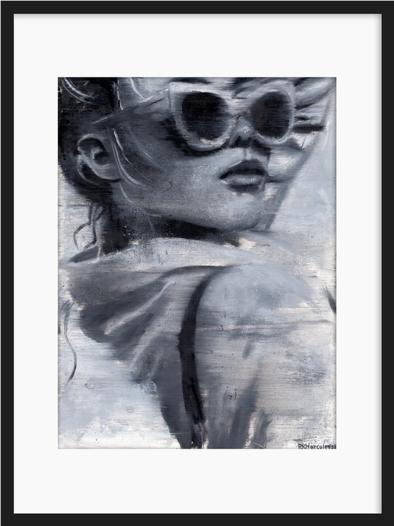 Lissy | Black and white oil painting on paper | beautiful powerful woman wearing sunglasses summer vibe lady