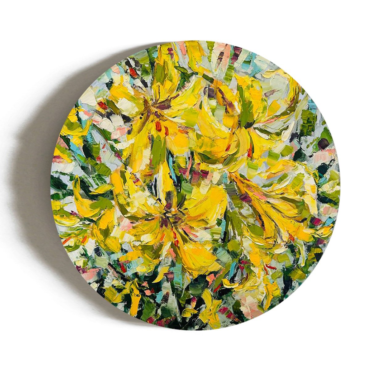 Impressionistic Botanical Oil Painting By Olga Beketova, 24 X 24", Yellow Lilies, Original Artwork