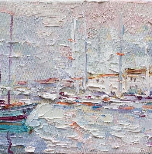 Sailing yachts in marina at sunrise Original seascape painting by Anastasiia Valiulina
