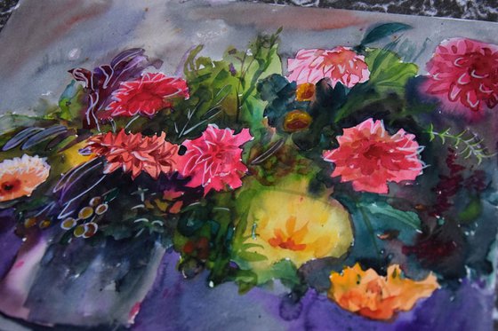 Watercolor painting Autumn flowers bouquet