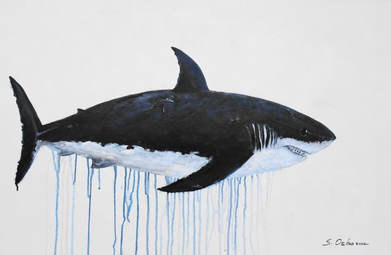 Large Abstract The Great White Shark. Acrylic painting on canvas. Ocean animals, black, white. Painting 61x91cm.