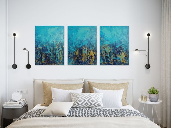 Blue and Gold Abstract Textured Painting. Triptych