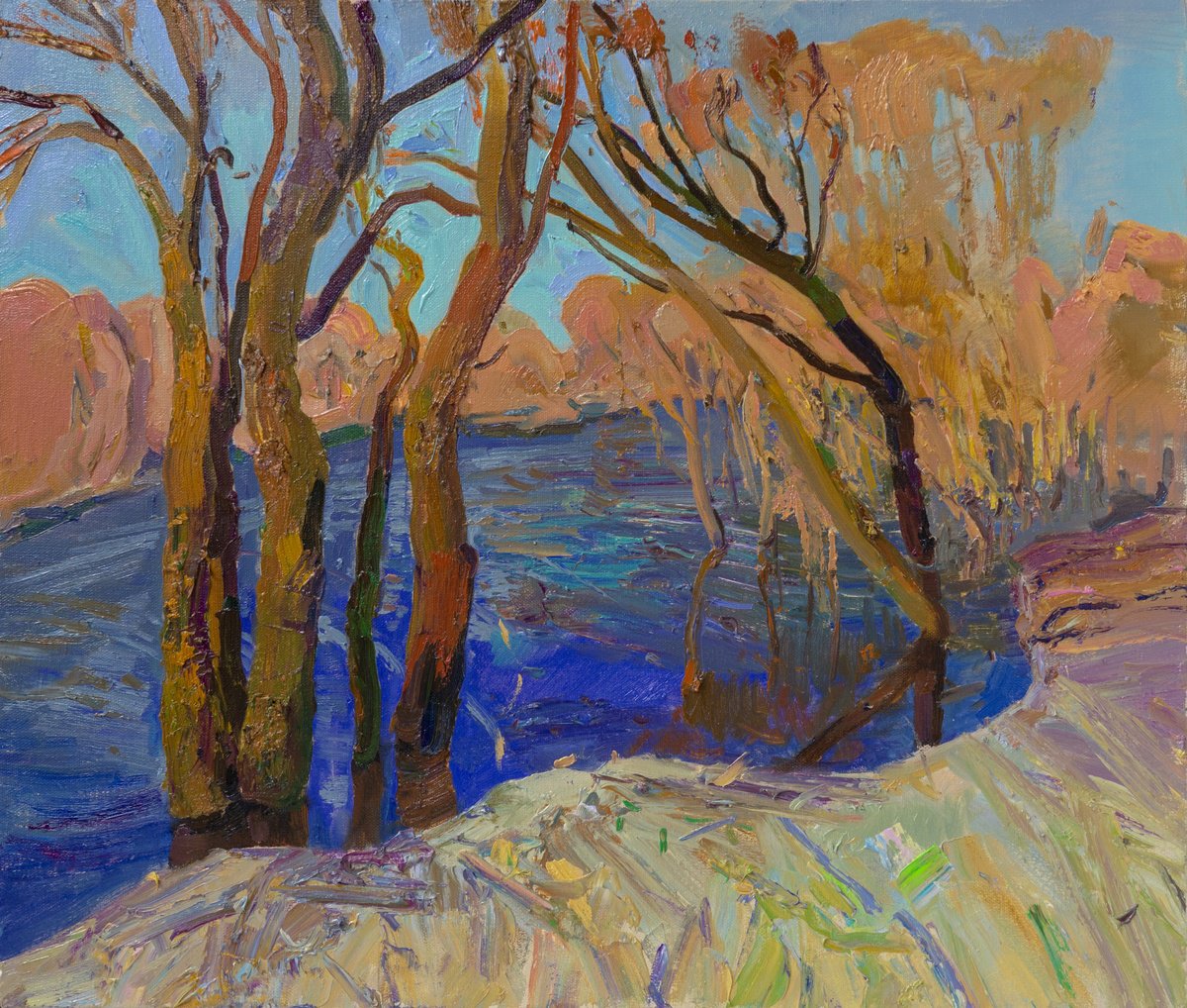 Impressionistic Landscape Oil Painting By Victor Onyshchenko, 28 X 24", A Bay On The Desna River, Original Artwork