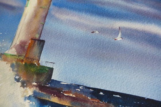Lighthouse in the ocean, blue watercolor painting