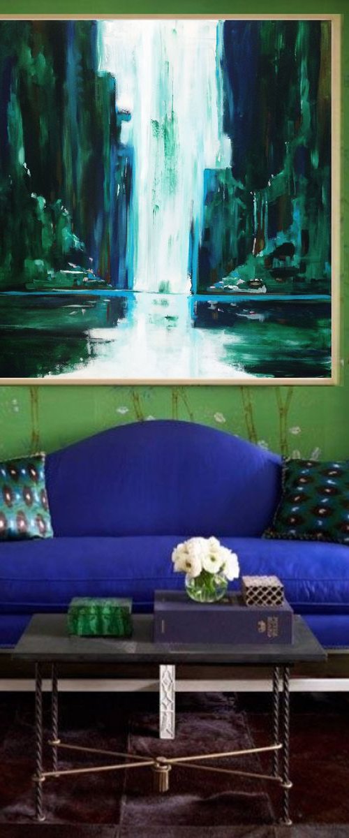 Deep forest waterfall- large size 100 x 100 cm (39 x 39 inches )-ready to hang by Carlo Toma