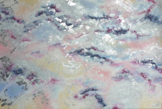 "Somewhere above the clouds" Pastel Abstract Large Painting with Silver Leaf Light Large Artwork 90×60cm