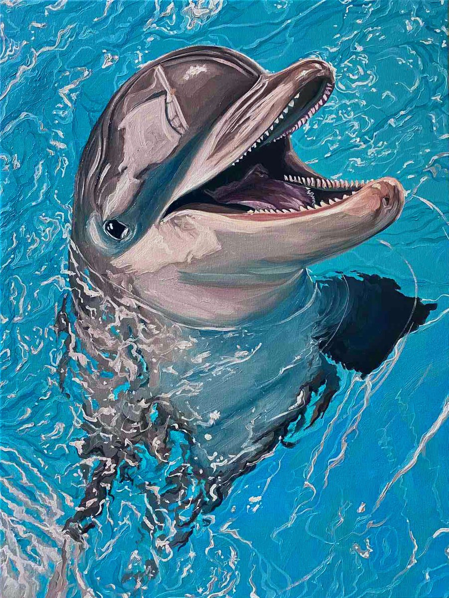 Photorealistic Animal Oil Painting By Elena Adele Dmitrenko, 18 X 24, Dolphin, Original Artwork